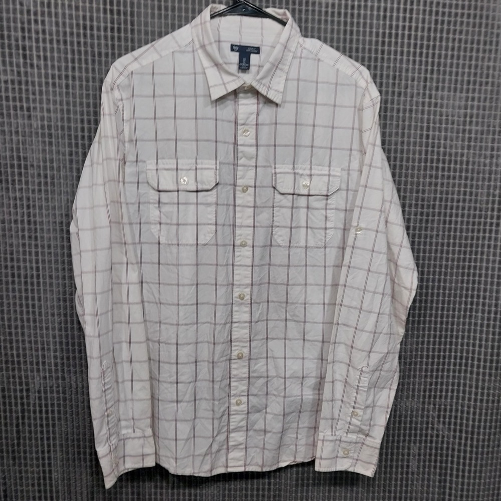 Gap‎ Mens Button Down Shirt Roll Sleeve Windowpane Plaid Large White Blue Red